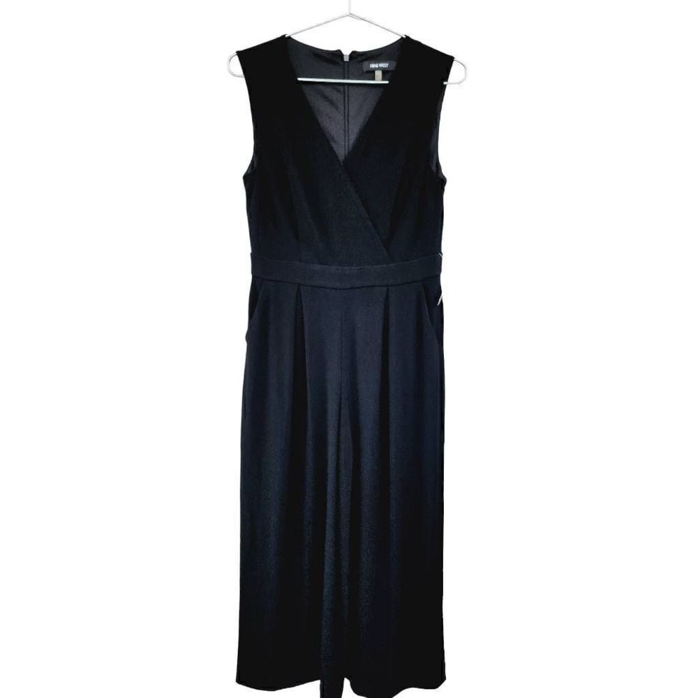 Nine West Womens Jumpsuit Black Surplice Neck Sleeveless Long Wide Leg Pleats 4